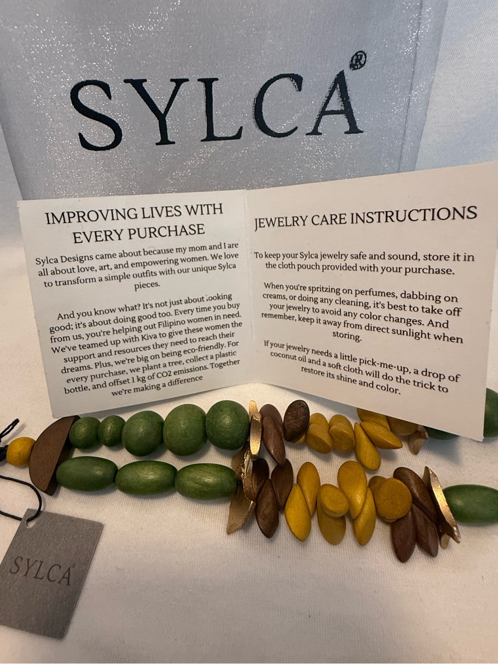 NWT SYLCA Handmade Stylish Olive Green/Mustard Wooden Beaded Statement Necklace